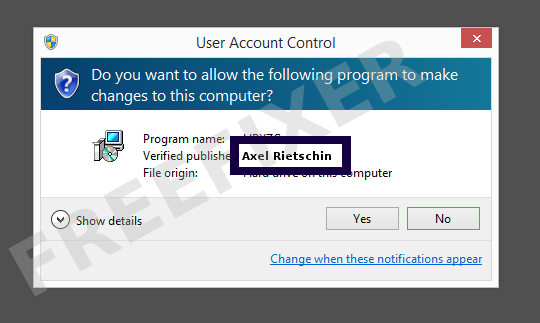 Screenshot where Axel Rietschin appears as the verified publisher in the UAC dialog